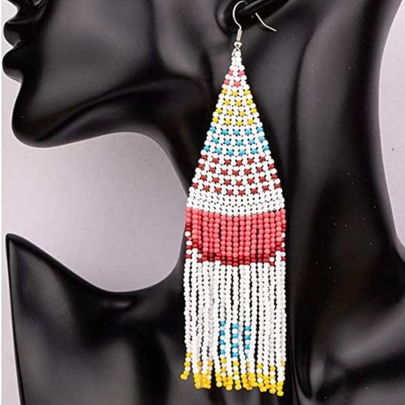 Long 5.5" Multicolor Earrings Beaded Oversized Bohemian - Picture 1 of 5